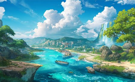 08804-1423538643-ConceptArt, no humans, scenery, water, sky, day, tree, cloud, waterfall, outdoors, building, nature, river, blue sky.png